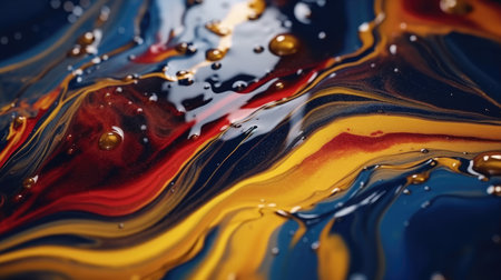 The close up of a glossy liquid surface abstract in navy blue, golden yellow, and deep red colors...