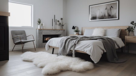 Bedroom decor, home interior design . Scandinavian Minimalist style with Fireplace decorated with Light Wood and White material . Generative AI AIG26.の素材