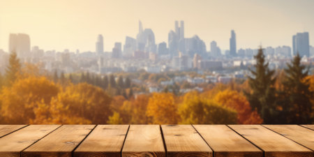The empty wooden table top with blur background of nature skyline in autumn. Exuberant image.