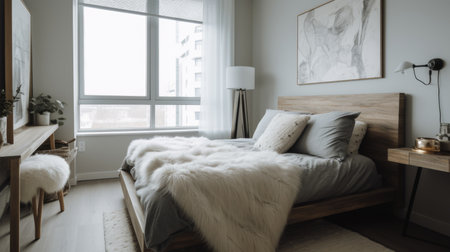 Interior design of Bedroom in Scandinavian style with Platform bed with white linens decorated with Faux fur throw, graphic pillows material. Modern architecture. Generative AI AIG24.の素材