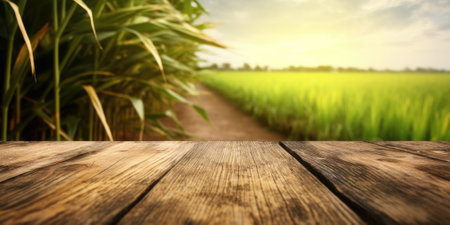 The empty wooden brown table top with blur background of sugarcane plantation. Exuberant image.