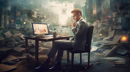 A workaholic young Scandinavian businessman sitting and working at laptop surrounded by tons of papers and other documents. Generative AI image AIG30.の素材