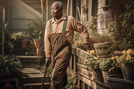 Male African senior gardening in backyard plants overalls. Generative AI AIG23.の素材