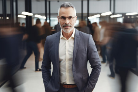 40s mature male executive, smiling face, standing in blur background of busy office. Generative AI AIG20.の素材