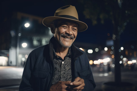 Wide angle shot of a senior mexican hispanic man trendy clothes using mobile phone with background of urban city street at night. Generative AI AIG18.の素材