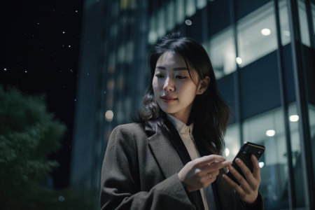 a young chinese japanese businesswoman executive using mobile phone with background of modern office buildings at night Generative AI AIG18.の素材