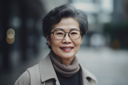 Mature smart asian businesswoman, smiling face, standing in blur background of modern office building. Generative AI AIG20.の素材