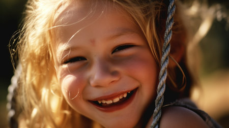 Close up smiling face, young blond girl playing on a swing, happiness, childhood, freedom, vitality, outdoor fun, carefree, sunlight. Generative AI AIG20.の素材