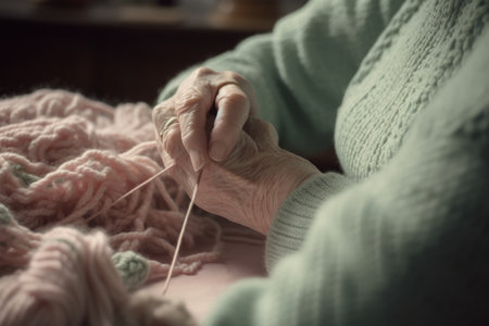 Female Caucasian elderly knitting cozy sweater warmth living room. Generative AI AIG23.の素材