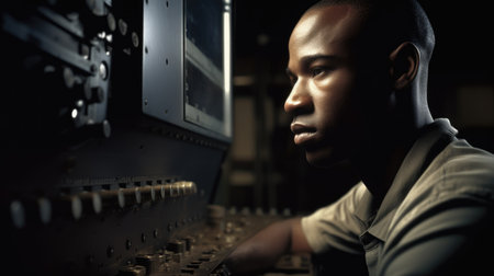 CNC Operator Male African-American Young Adult Operating a computer numerical control machine to manufacture parts in CNC machine. Generative AI AIG22.の素材