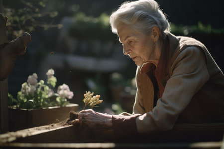 Photo pour Female Caucasian elderly gardening in backyard plants Earthly. Generative AI AIG23. - image libre de droit