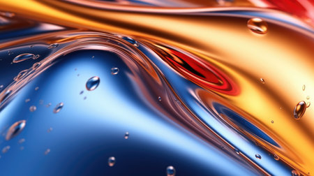 The close up of a glossy liquid surface abstract in red, yellow, and blue colors with a soft focus....