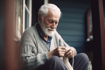 Male Caucasian elderly knitting cozy sweater warmth patio pastel. Generative AI AIG23.の素材