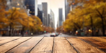 The empty wooden table top with blur background of business district and office building in autumn....