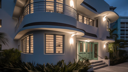 Home architecture design in Art Deco Style with Circular driveway constructed by Concrete, Glass, and Metal material. Streamlined moderne design. Generative AI AIG25 .の素材