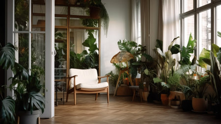The interior of white tone color and pattern wood floor room with armchair in natural style. Generative AI AIG27.の素材