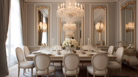 Interior design inspiration of Classic Glamorous style home dining room loveliness decorated with Wood and Crystal material and Mirrors .Generative AI home interior design .の素材