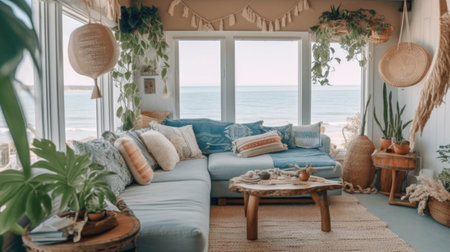 Living room decor, home interior design . Coastal Bohemian style with Ocean View decorated with Rattan and Linen material . Generative AI AIG26.の素材