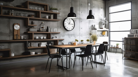 Interior design inspiration of Industrial Modern style home dining room loveliness decorated with Metal and Concrete material and Open Shelves .Generative AI home interior design .の素材