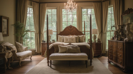 Bedroom decor, home interior design . Traditional Classic style with Statement Chandelier decorated with Wood and Upholstery material . Generative AI AIG26.の素材