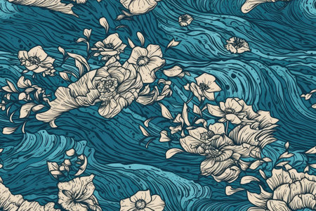 Hawaiian flowers hand drawn with blue ocean in the background. Generative AI AIG18.の素材
