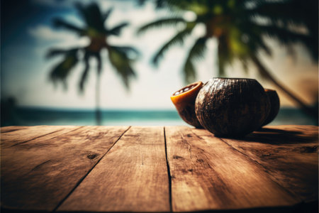 Focus empty wood table with blurred of coconut and palm tree background. Concept of blank space for advertising product with sunrise view. Finest generative AI.の素材