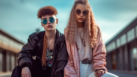 Two cool women wearing very trendy fashionable clothes. Generative AI AIG20.の素材