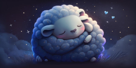 A cute and adorable lamb is sleeping under night sky between stars pillow. Generative AI AIG16.の素材