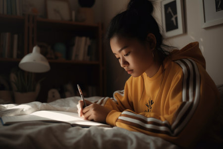 Female Asian teenager doing homework in bedroom studying smart. Generative AI AIG23.の素材