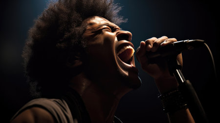 Heavy Metal Singer Male African-American Young Adult Performing live music for an audience, singing heavy metal songs in music festival. Generative AI AIG22.の素材