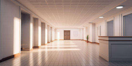 Empty hallway interior background in white tone color with sunlight. Generative AI image AIG30.の素材