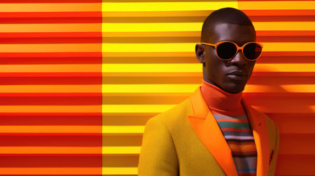 Young male model posing with trendy man fashion outfit and colorful orange optical art abstract background. Picturesque generative AIの素材