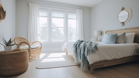 Bedroom decor, home interior design . Coastal Scandinavian style with Ocean View decorated with Natural Wood and White Painted Wood material . Generative AI AIG26.