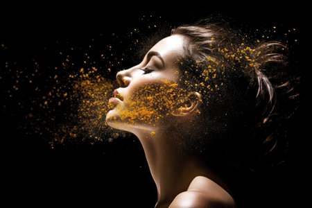 Woman portrait profile with dispersion and dissolve effect. Generative AI AIG27.の素材