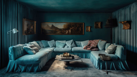 The interior design of vintage aqua blue living room with long curtain, cotton velvet vintage sofa, and silk rug. Generative AI AIG27.の素材