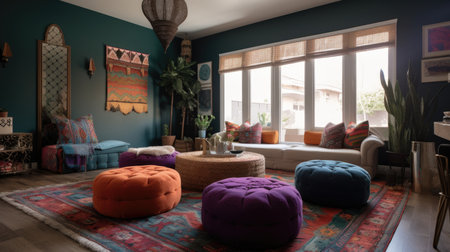 Interior design of Living Room in Bohemian style with Gallery Wall decorated with Woven Poufs, Macrame material. Contemporary architecture. Generative AI AIG24.の素材