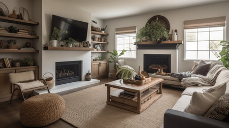 Interior design of Living Room in Modern Farmhouse style with Fireplace decorated with Linen, Wood, Leather, Metal, Wool material. Open concept architecture. Generative AI AIG24.の素材