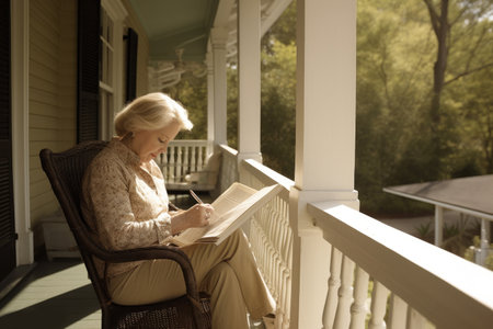 Female Caucasian senior reading books in front porch casual relaxing. Generative AI AIG23.の素材