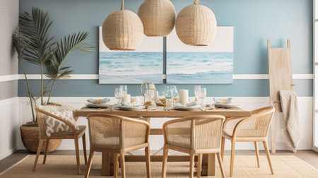 Interior design inspiration of Coastal Beachy style home dining room loveliness decorated with Wood and Rattan material and Statement Lighting .Generative AI home interior design .の素材