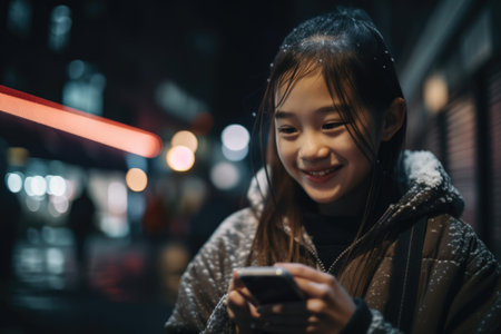 Low angle shot of a young chinese japanese 10-year-old little girl trendy clothes using mobile phone with background of urban city street at night. Generative AI AIG18.の素材