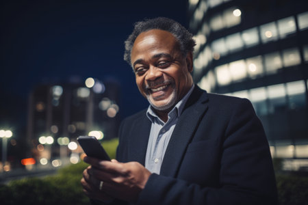 Wide angle shot of a senior african-american businessman executive using mobile phone with background of modern office buildings at night. Generative AI AIG18.の素材