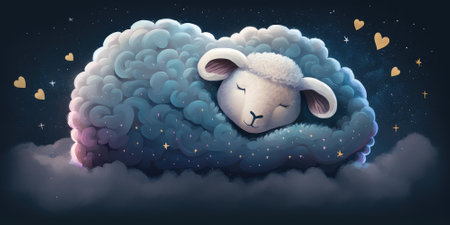 A cute and adorable lamb is sleeping under night sky between stars pillow. Generative AI AIG16.の素材