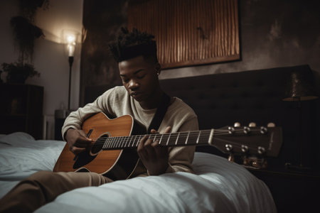 Male African teenager playing guitar in bedroom activity music. Generative AI AIG23.の素材