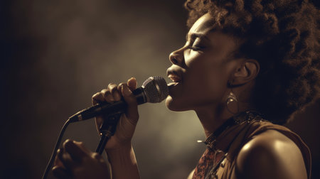 Singer Female African-American Young Adult Performing on stage, singing into a microphone in Concert venue. Generative AI AIG22.の素材