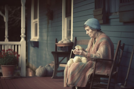 Female Caucasian elderly knitting cozy sweater warmth patio pastel. Generative AI AIG23.の素材