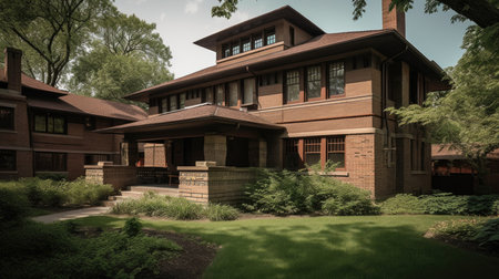 Home architecture design in Art Deco Style with Ornate windows constructed by Stucco, limestone, metal accents material. Rectangular forms and sleek lines. Generative AI AIG25 .の素材