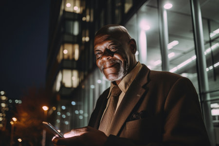 Wide angle shot of a senior african-american businessman executive using mobile phone with background of modern office buildings at night. Generative AI AIG18.の素材