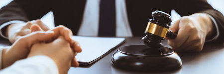 Lawyer colleagues or legal team working or drafting legal document at law firm office desk. Gavel hammer for righteous and equality judgment by lawmaker and attorney. Equilibriumの写真素材