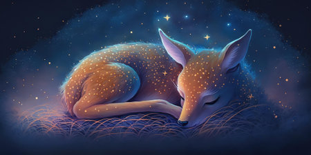 A cute and adorable deer is sleeping under night sky between stars pillow. Generative AI AIG16.の素材