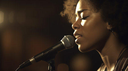 Musician Female African-American Young adult Singing and playing guitar on stage in Music venue. Generative AI AIG22.の素材